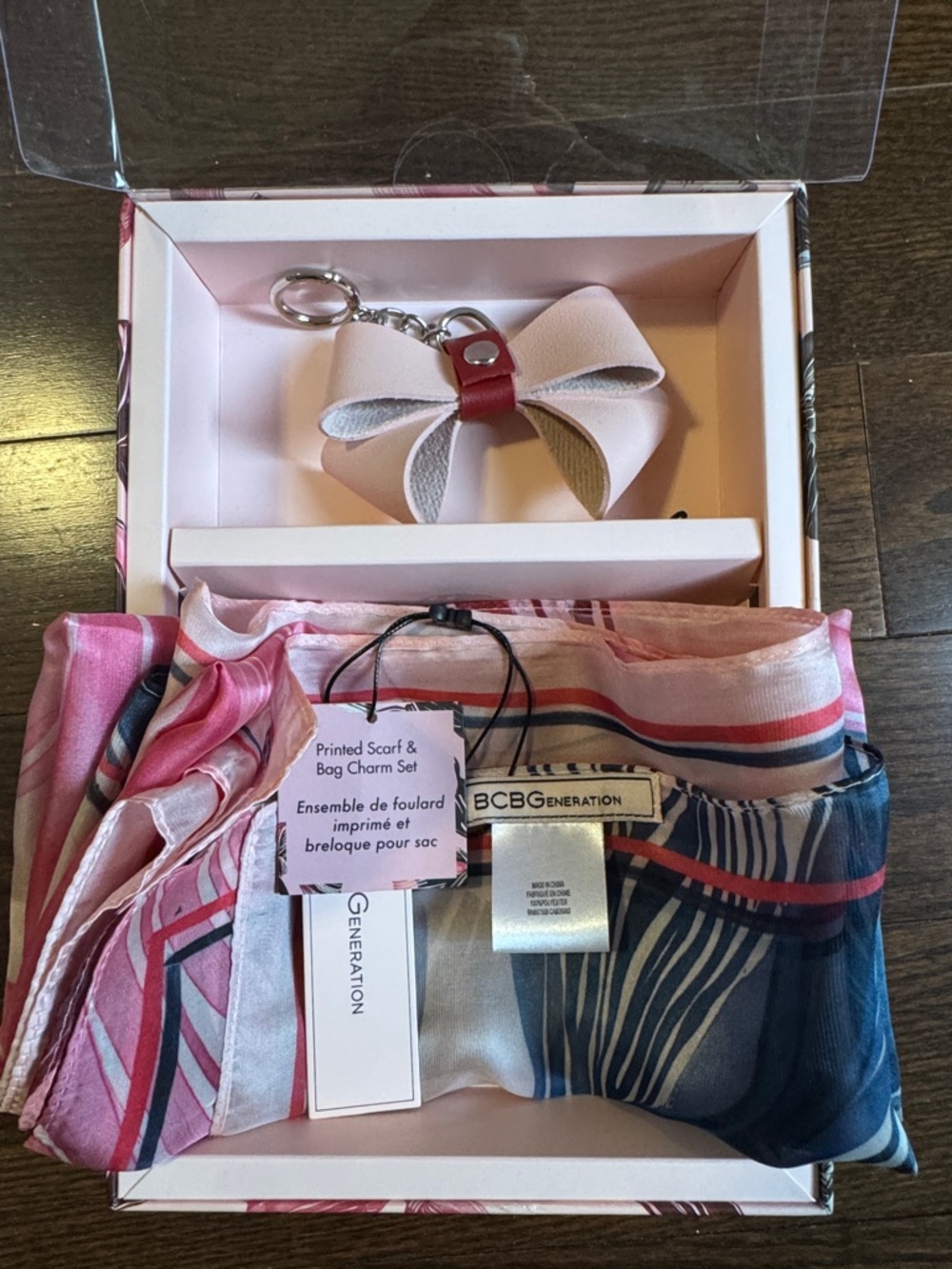 BCBGeneration Pink Navy Striped Printed Scarf & Bow Bag Charm Set
